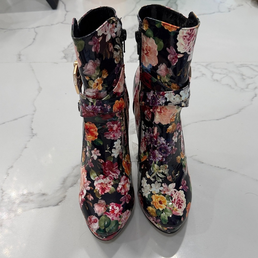 Madison Arika Boots Womens Size 9 Black Floral‎ Stiletto Platform Ankle Buckle